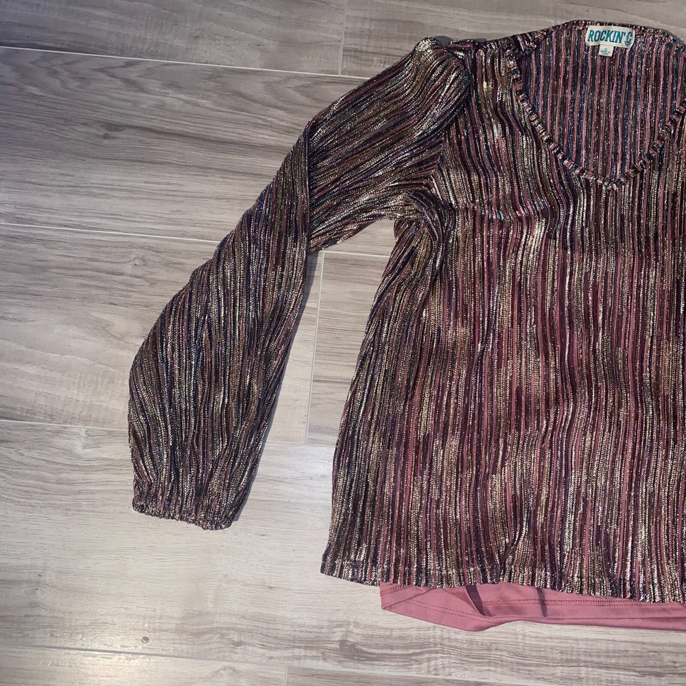 Rockin' C Womens Multicolor Metallic Sheer Striped V-Neck Blouse Top Size Small - Picture 8 of 14